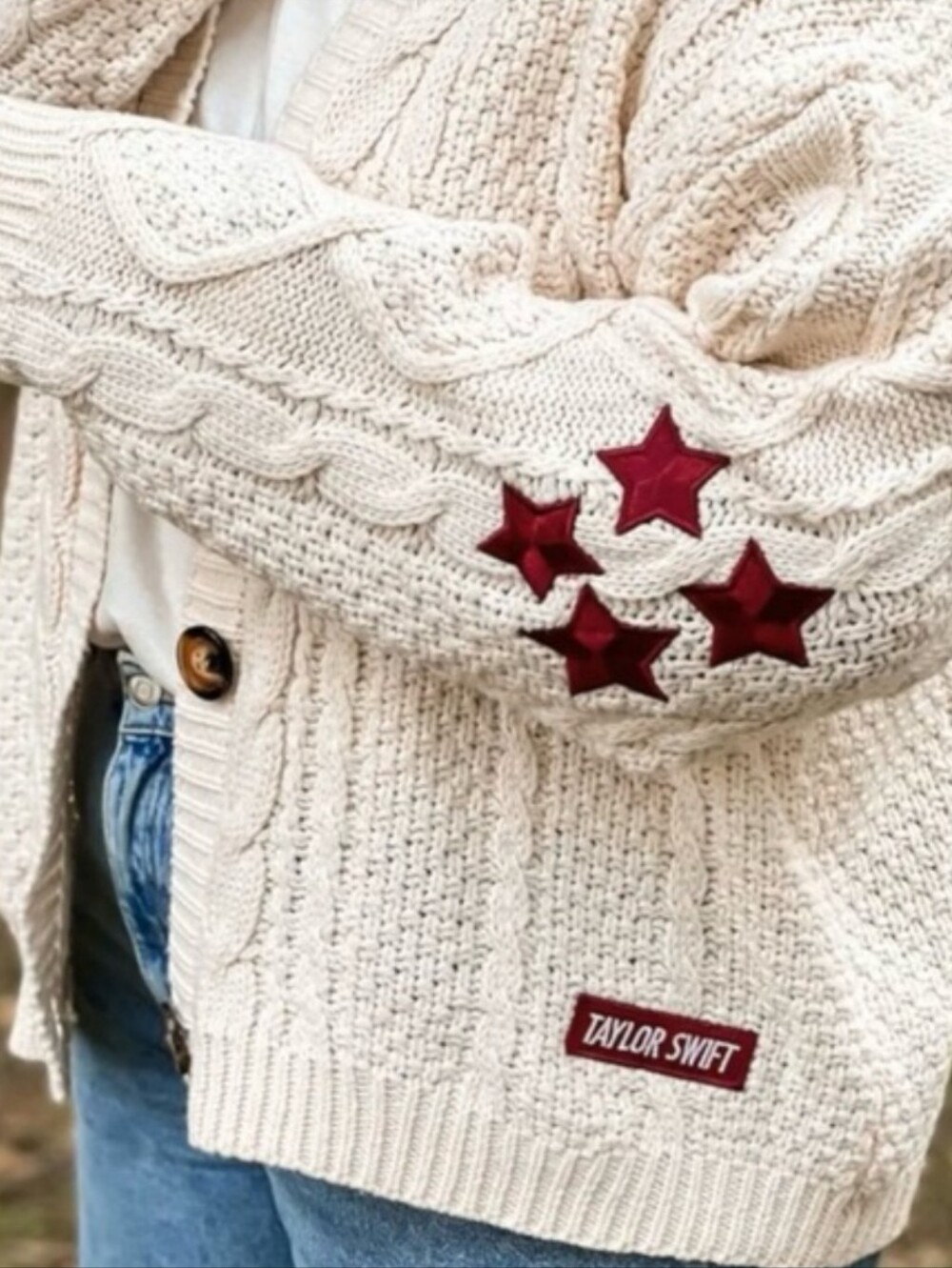 Taylor Swift Red Official Cardigan, Cream Color with Maroon Stars, Size M/L - Picture 1 of 13